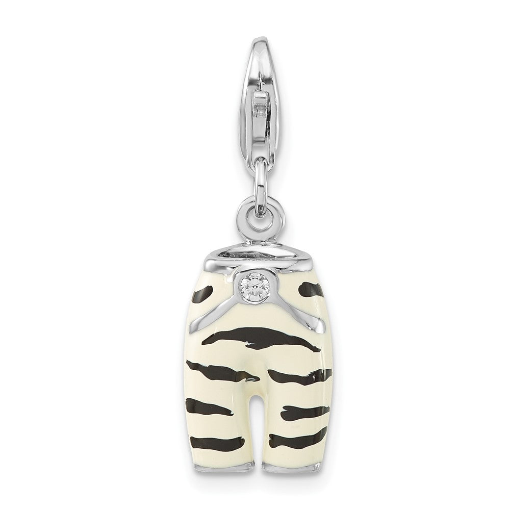 Sterlingsilber Poliert 3-d Zirkonia & Schwarz/white Emaille Zebra Pants mit Karabinerverschluss Charm