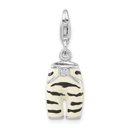 Sterlingsilber Poliert 3-d Zirkonia & Schwarz/white Emaille Zebra Pants mit Karabinerverschluss Charm