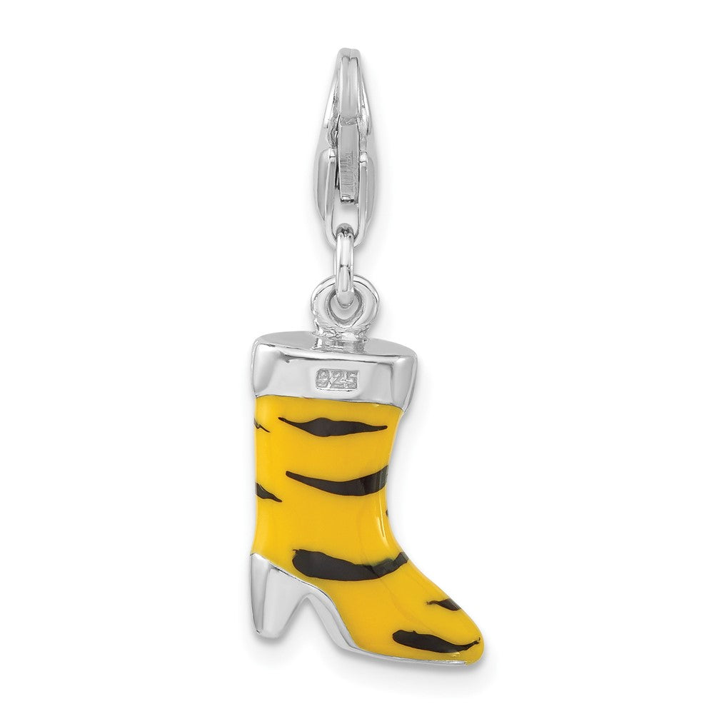 Sterlingsilber 3-d Poliert Zirkonia Gelb/black Emaille Tiger Hoch Heel Boot mit Karabinerverschluss Charm