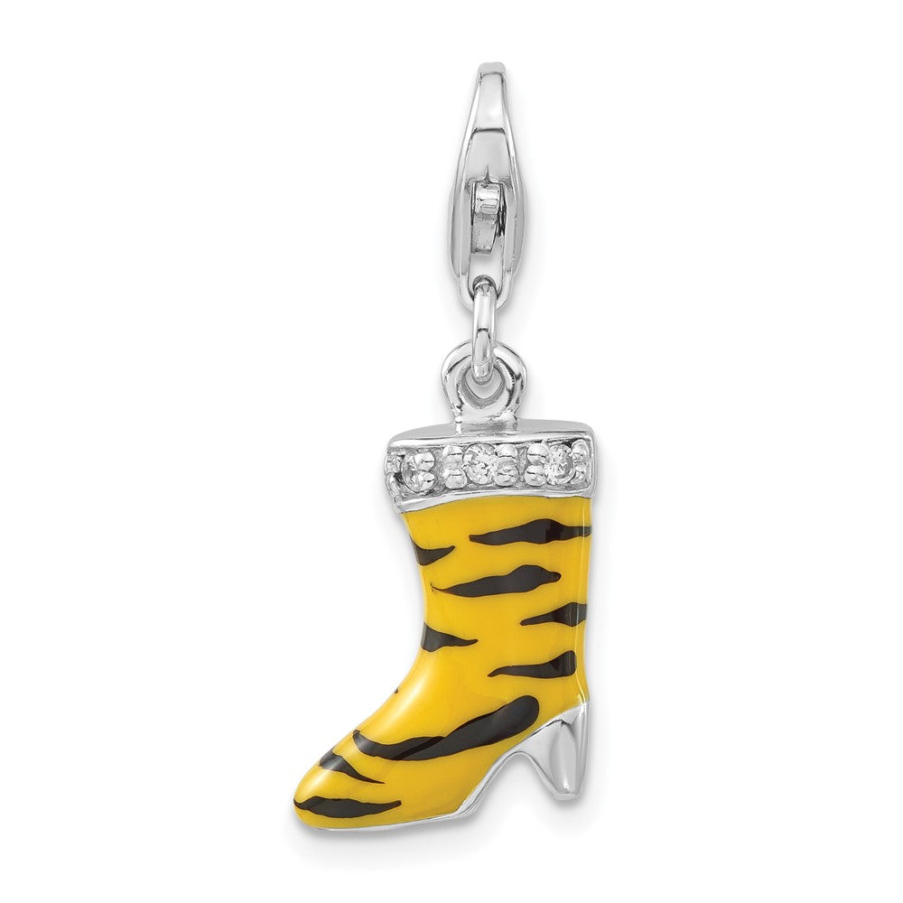Sterlingsilber 3-d Poliert Zirkonia Gelb/black Emaille Tiger Hoch Heel Boot mit Karabinerverschluss Charm
