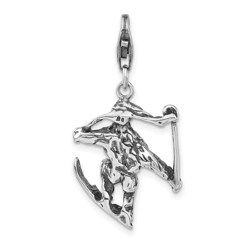 Sterlingsilber 3-d Poliert & Antikisiert Skier mit Karabinerverschluss Charm