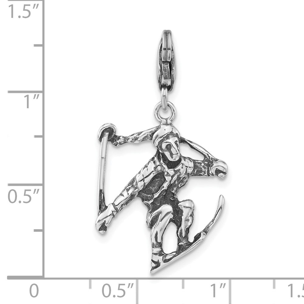 Sterlingsilber 3-d Poliert & Antikisiert Skier mit Karabinerverschluss Charm