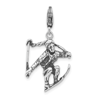Sterlingsilber 3-d Poliert & Antikisiert Skier mit Karabinerverschluss Charm