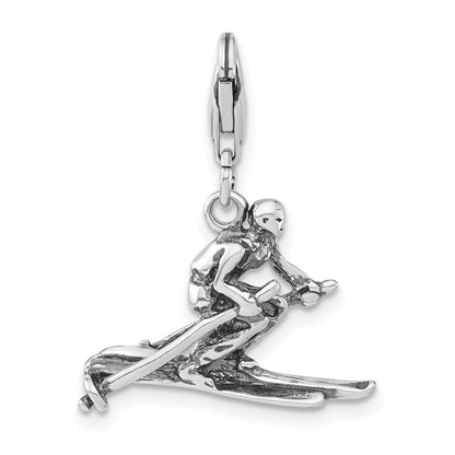 Sterlingsilber 3-d Poliert & Antikisiert Skier mit Karabinerverschluss Charm