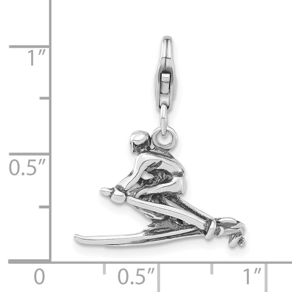 Sterlingsilber 3-d Poliert & Antikisiert Skier mit Karabinerverschluss Charm