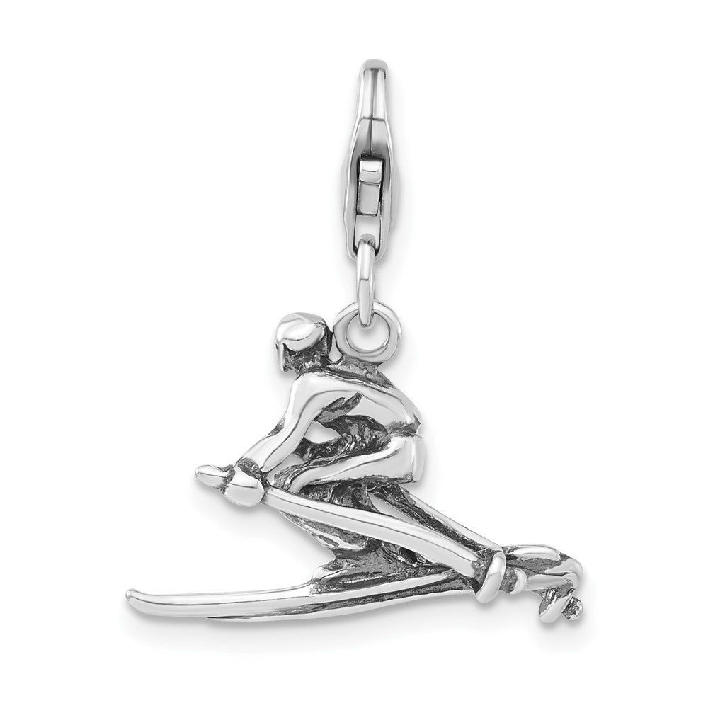 Sterlingsilber 3-d Poliert & Antikisiert Skier mit Karabinerverschluss Charm