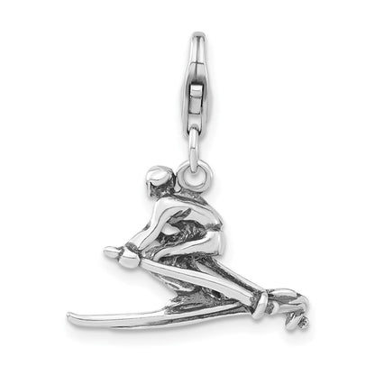 Sterlingsilber 3-d Poliert & Antikisiert Skier mit Karabinerverschluss Charm