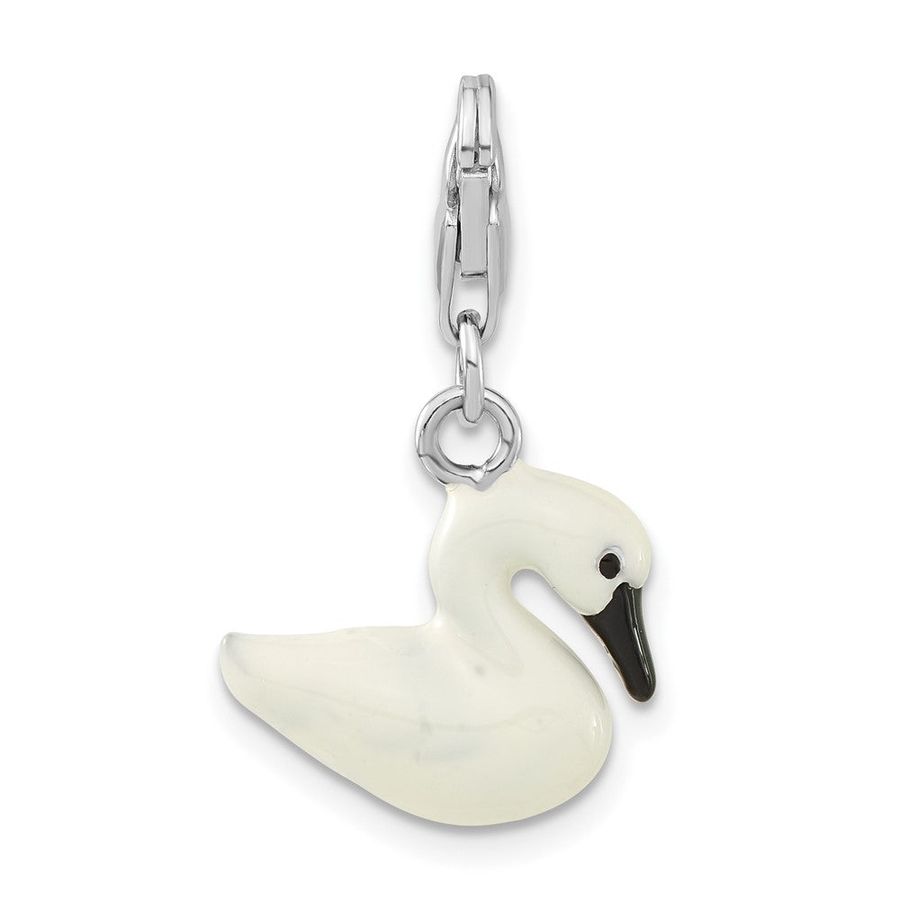 Sterlingsilber 3-d Emailliert Weiß Swan mit Karabinerverschluss Charm