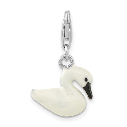 Sterlingsilber 3-d Emailliert Weiß Swan mit Karabinerverschluss Charm