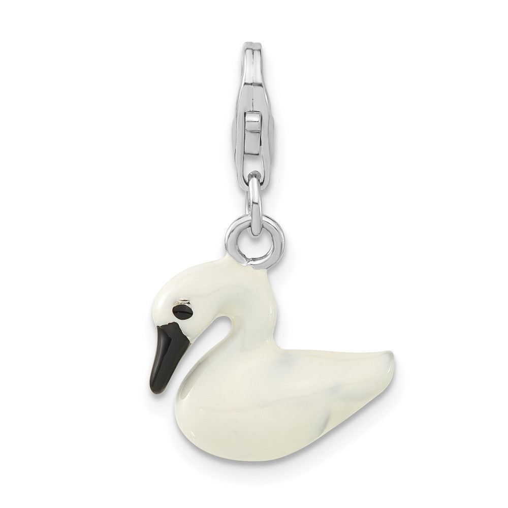 Sterlingsilber 3-d Emailliert Weiß Swan mit Karabinerverschluss Charm