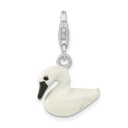 Sterlingsilber 3-d Emailliert Weiß Swan mit Karabinerverschluss Charm