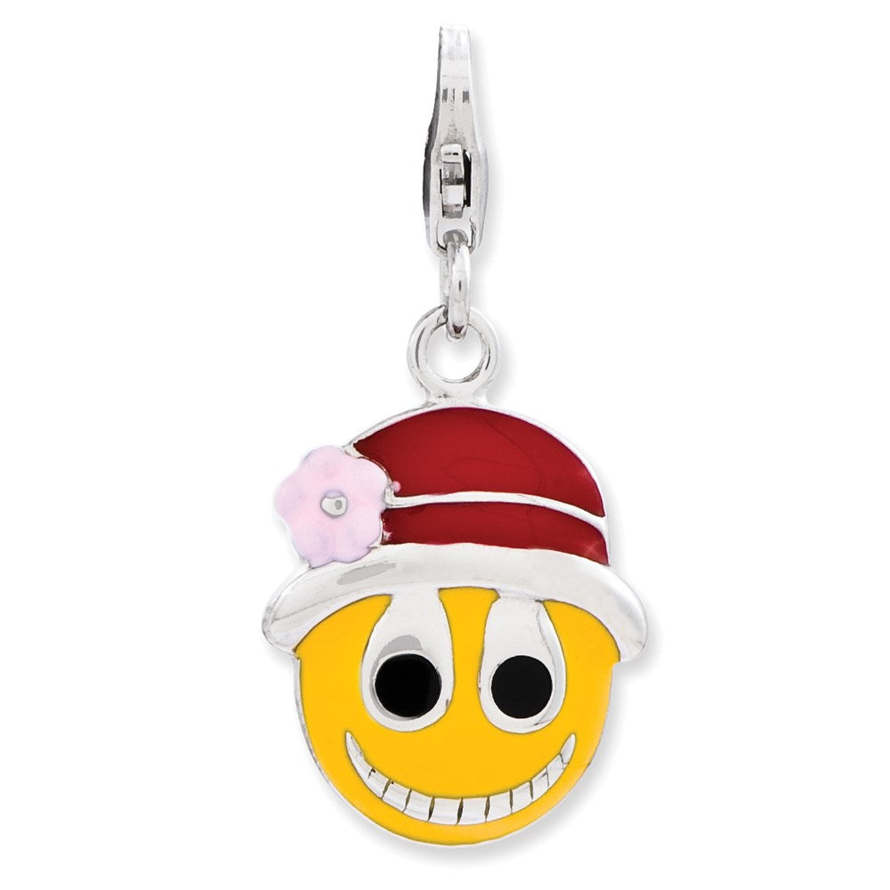 Sterlingsilber Emailliert Face mit Blume Hat mit Karabinerverschluss Charm