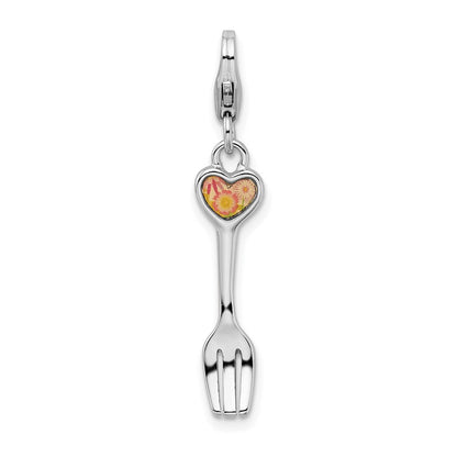 Sterlingsilber Rhodiniert 3-d Blume Herz Fork mit Karabinerverschluss Charm