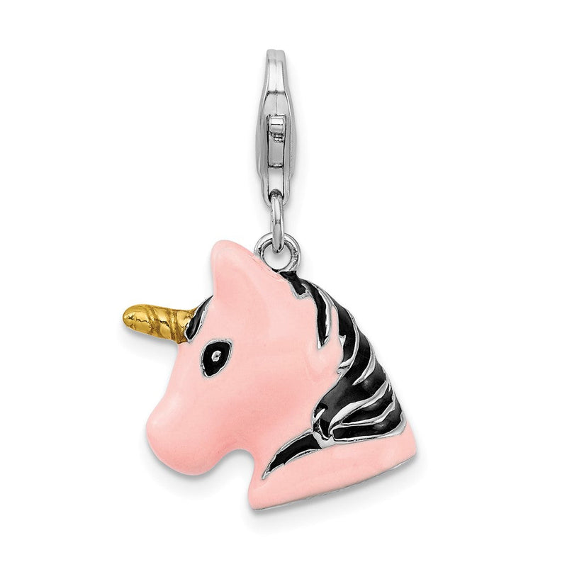 Sterlingsilber Amore La Vita Rhodiniert Poliert 3-d Rosa Emailliert Einhorn Kopf Charm mit Fantasie Karabinerverschluss