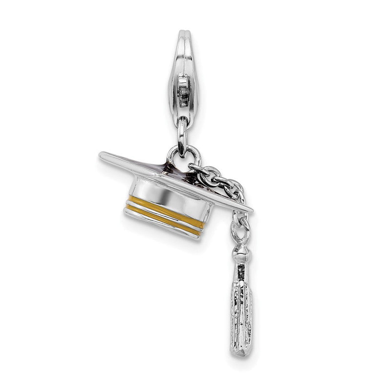 Sterlingsilber Amore La Vita Rhodiniert und Goldfarben Poliert 3-d Beweglich Emailliert Abschluss Cap Tassel Charm mit Fantasie Karabinerverschluss