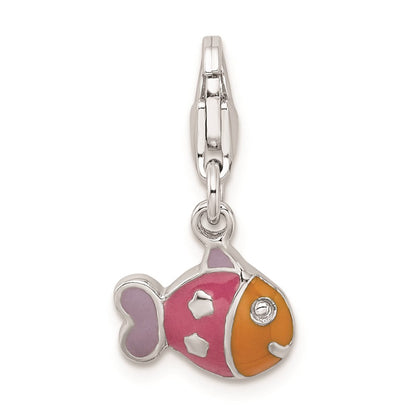 Sterlingsilber Rhodiniert 3-d Emailliert Fisch mit Karabinerverschluss Charm