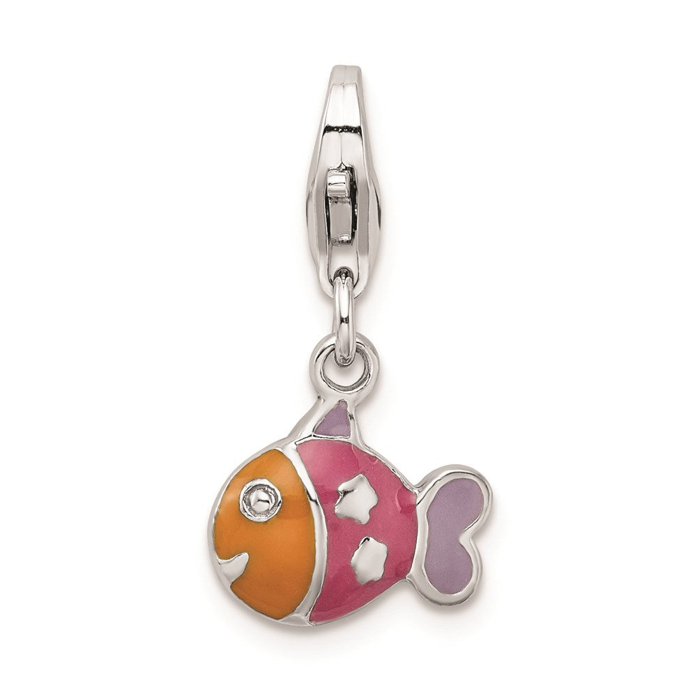 Sterlingsilber Rhodiniert 3-d Emailliert Fisch mit Karabinerverschluss Charm