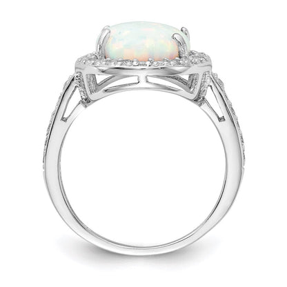 Sterlingsilber Cheryl M Rhodiniert Cabochon Im Labor Erzeugt Opal und Brillant-cut Zirkonia Oval Heiligenschein Ring