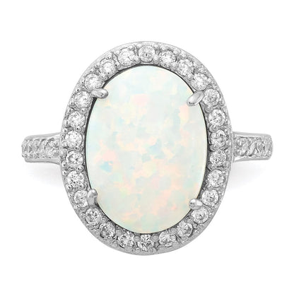 Sterlingsilber Cheryl M Rhodiniert Cabochon Im Labor Erzeugt Opal und Brillant-cut Zirkonia Oval Heiligenschein Ring