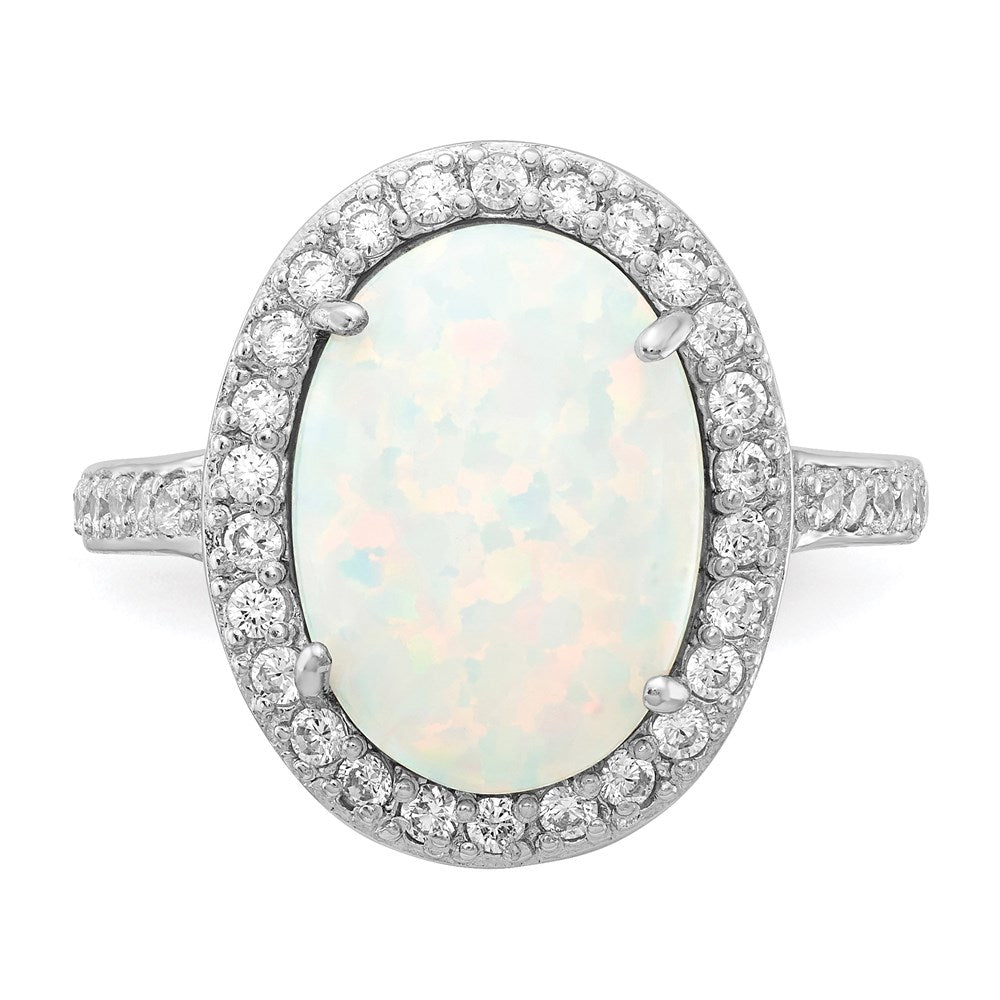 Sterlingsilber Cheryl M Rhodiniert Cabochon Im Labor Erzeugt Opal und Brillant-cut Zirkonia Oval Heiligenschein Ring