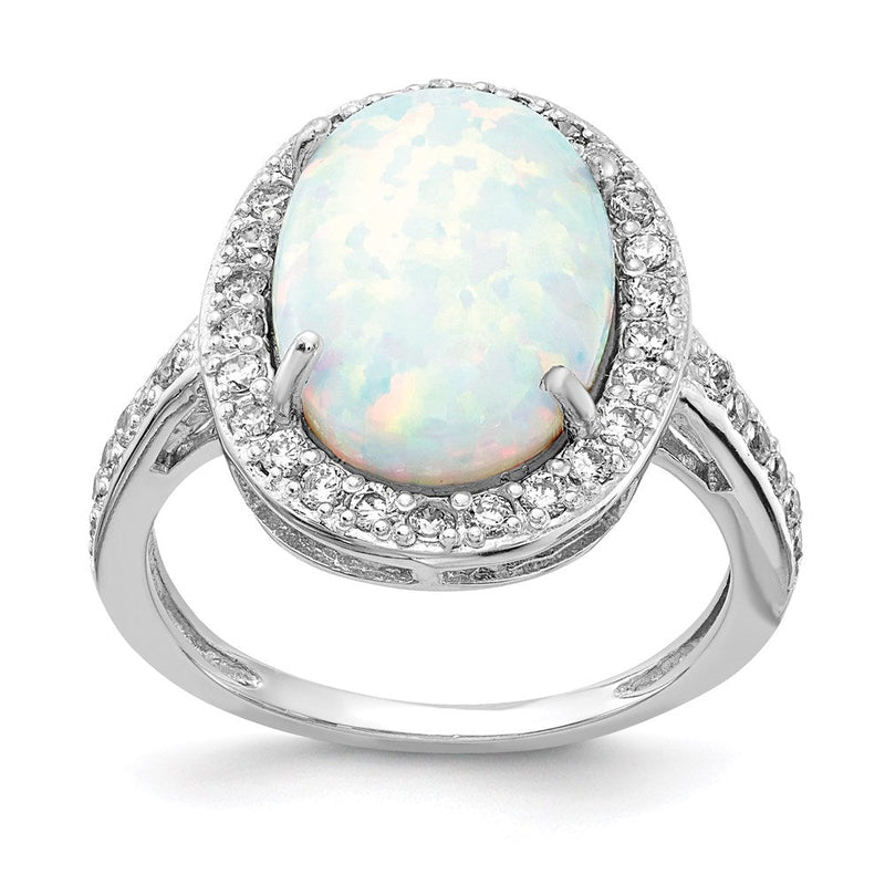 Sterlingsilber Cheryl M Rhodiniert Cabochon Im Labor Erzeugt Opal und Brillant-cut Zirkonia Oval Heiligenschein Ring