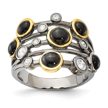 Sterlingsilber Cheryl M Schwarz Rhodium mit Gold-plating Onyx & Zirkonia Ring