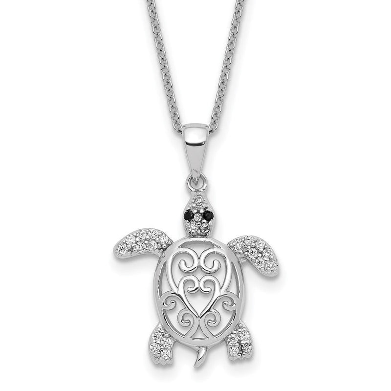 Sterlingsilber Cheryl M Rhodiniert Brillant-cut Schwarz Glas und Weiß Zirkonia Filigran Schildkröte 18 Zoll Halskette