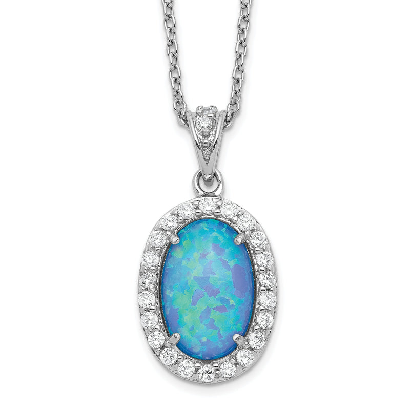 Sterlingsilber Cheryl M Rhodiniert Cabochon Im Labor Erzeugt Blau Opal und Brillant-cut Zirkonia Oval 18.5 Zoll Halskette