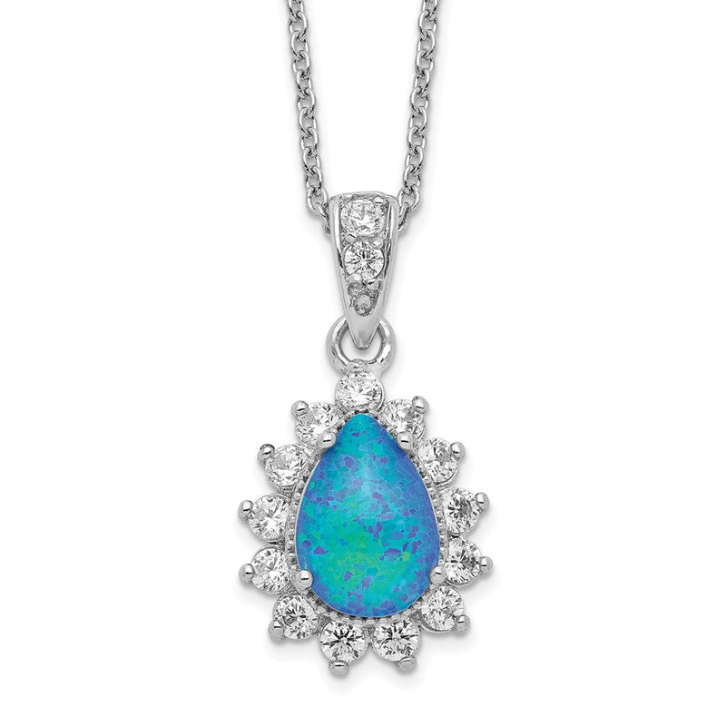 Sterlingsilber Cheryl M Rhodiniert Cabochon Im Labor Erzeugt Blau Opal und Brillant-cut Zirkonia Tropfen 18 Zoll Halskette