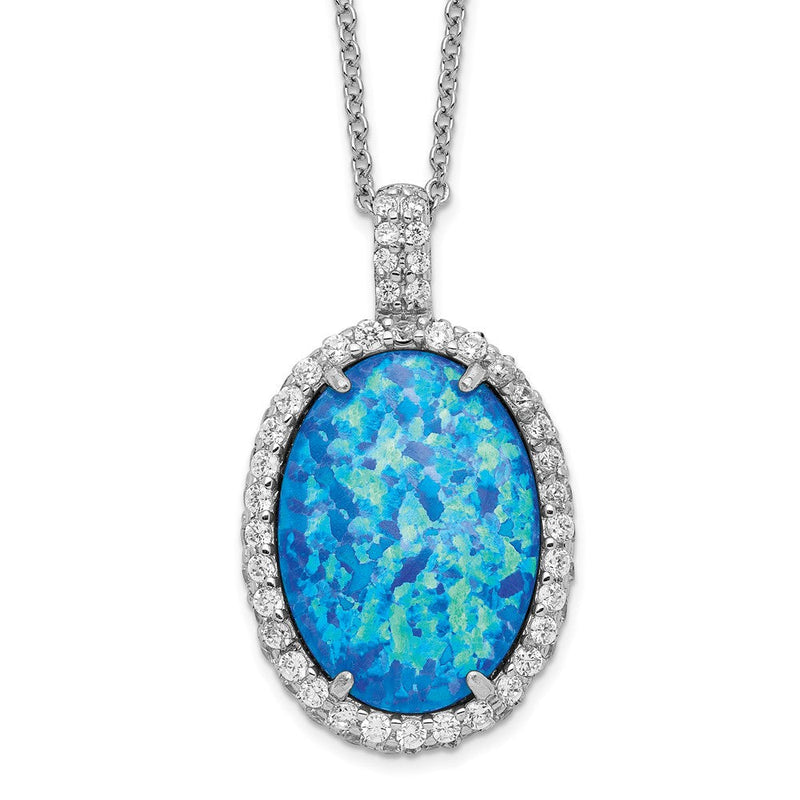 Sterlingsilber Cheryl M Rhodiniert Cabochon Im Labor Erzeugt Blau Opal und Brillant-cut Zirkonia Oval 18.5 Zoll Halskette
