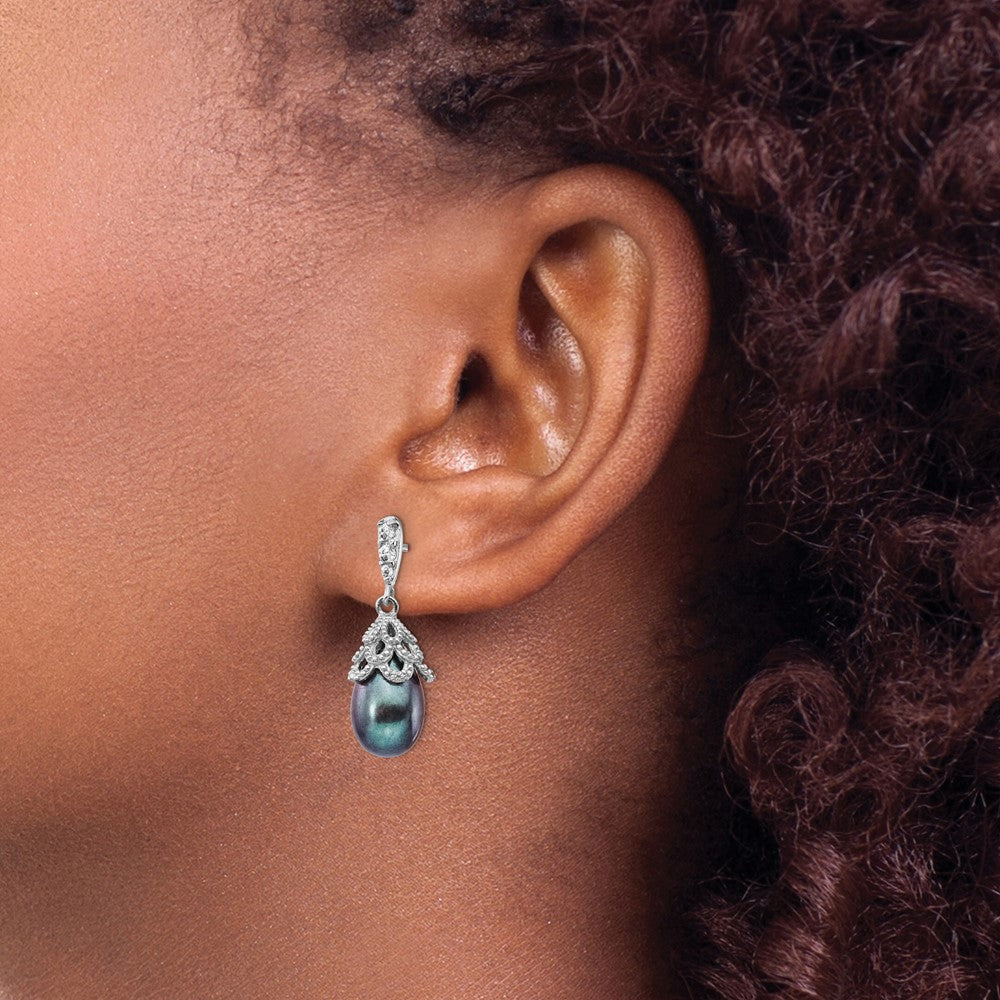 Sterlingsilber Cheryl M Rhodiniert Schwarz Tropfen Süßwasser Zuchtperle und Brillant-cut Zirkonia Stecker Ohrhänger