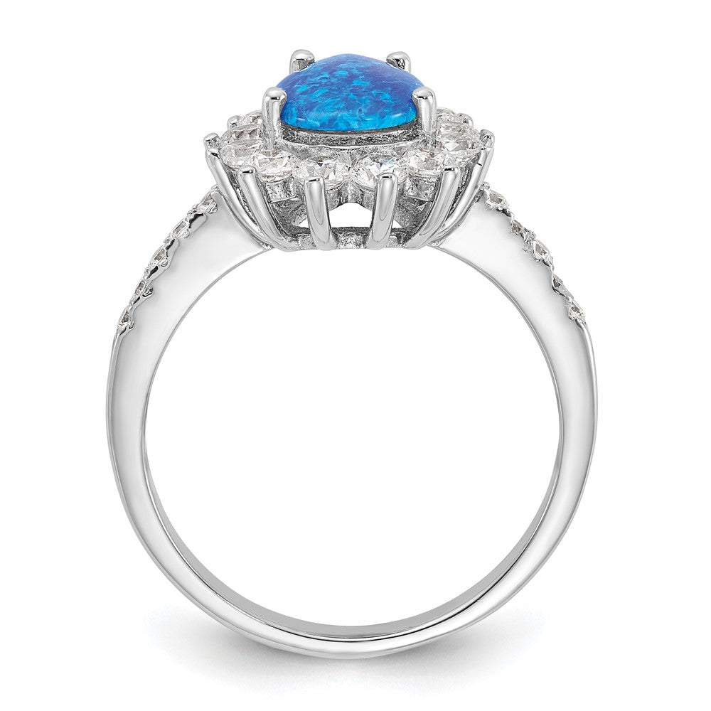 Sterlingsilber Cheryl M Rhodiniert Cabochon Im Labor Erzeugt Blau Opal und Brillant-cut Zirkonia Tropfen Geformt Ring