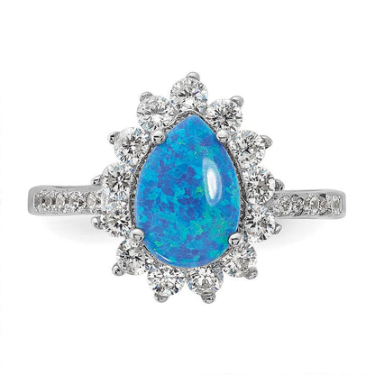 Sterlingsilber Cheryl M Rhodiniert Cabochon Im Labor Erzeugt Blau Opal und Brillant-cut Zirkonia Tropfen Geformt Ring
