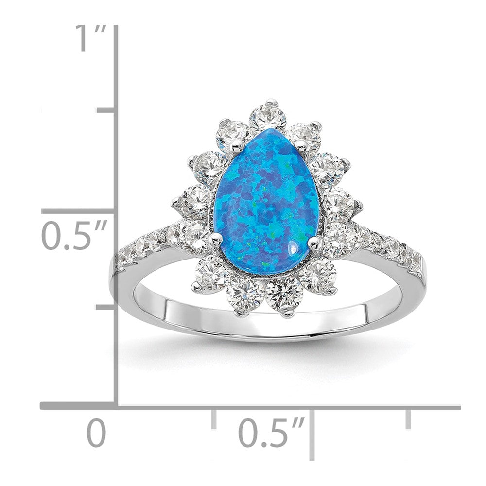 Sterlingsilber Cheryl M Rhodiniert Cabochon Im Labor Erzeugt Blau Opal und Brillant-cut Zirkonia Tropfen Geformt Ring