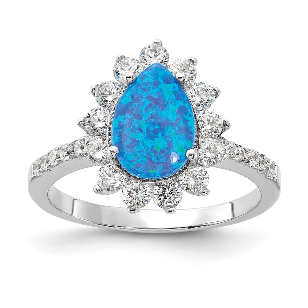 Sterlingsilber Cheryl M Rhodiniert Cabochon Im Labor Erzeugt Blau Opal und Brillant-cut Zirkonia Tropfen Geformt Ring