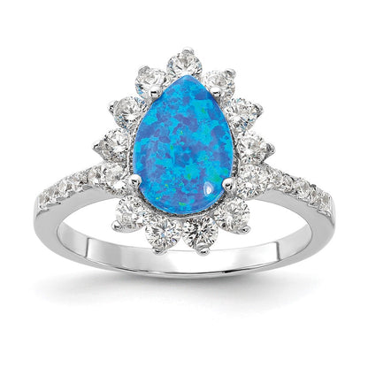Sterlingsilber Cheryl M Rhodiniert Cabochon Im Labor Erzeugt Blau Opal und Brillant-cut Zirkonia Tropfen Geformt Ring