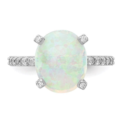 Sterlingsilber Cheryl M Rhodiniert Cabochon Im Labor Erzeugt Opal und Brillant-cut Zirkonia Oval mit Seite Steine Ring