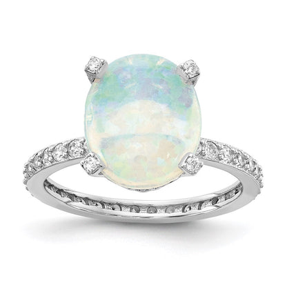 Sterlingsilber Cheryl M Rhodiniert Cabochon Im Labor Erzeugt Opal und Brillant-cut Zirkonia Oval mit Seite Steine Ring