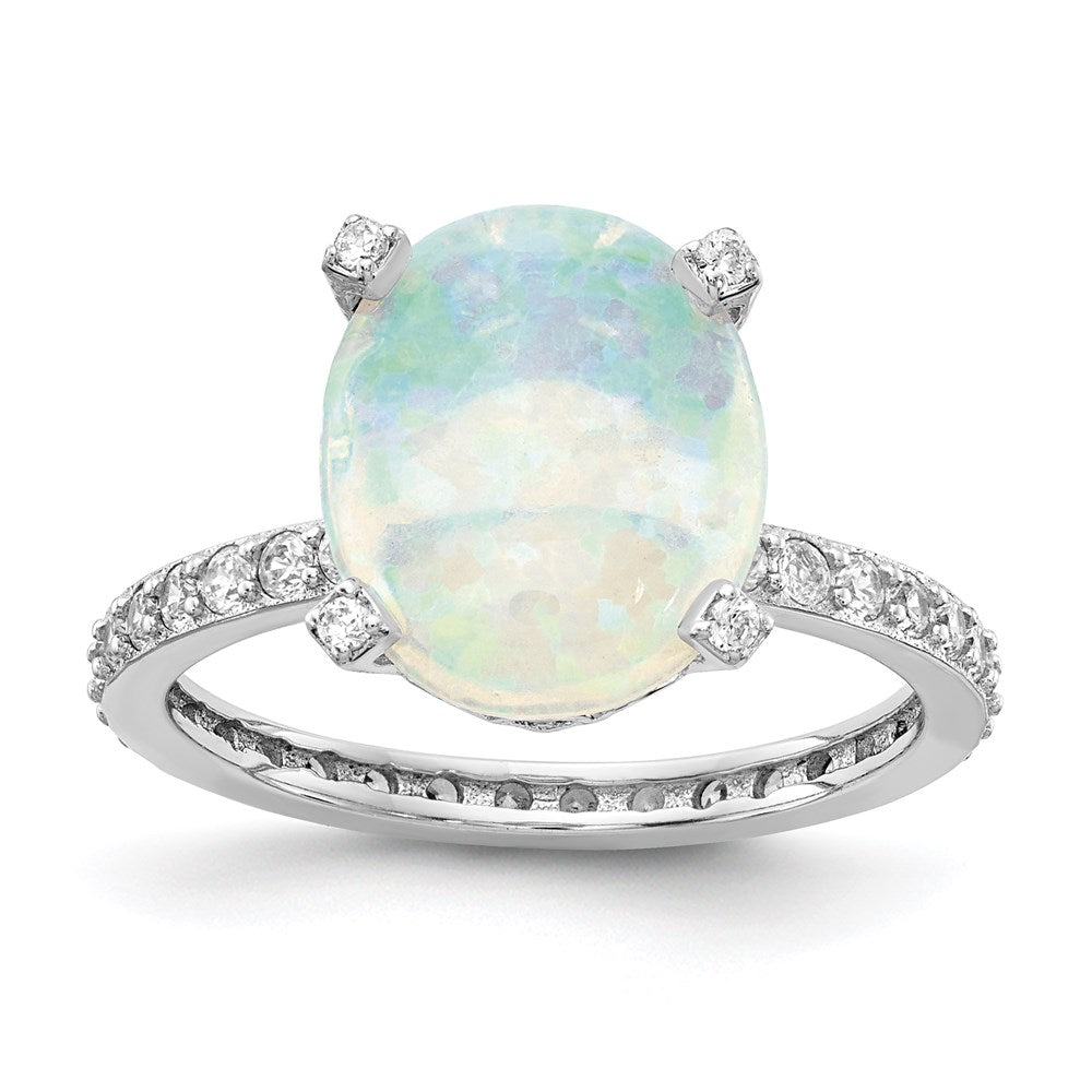 Sterlingsilber Cheryl M Rhodiniert Cabochon Im Labor Erzeugt Opal und Brillant-cut Zirkonia Oval mit Seite Steine Ring