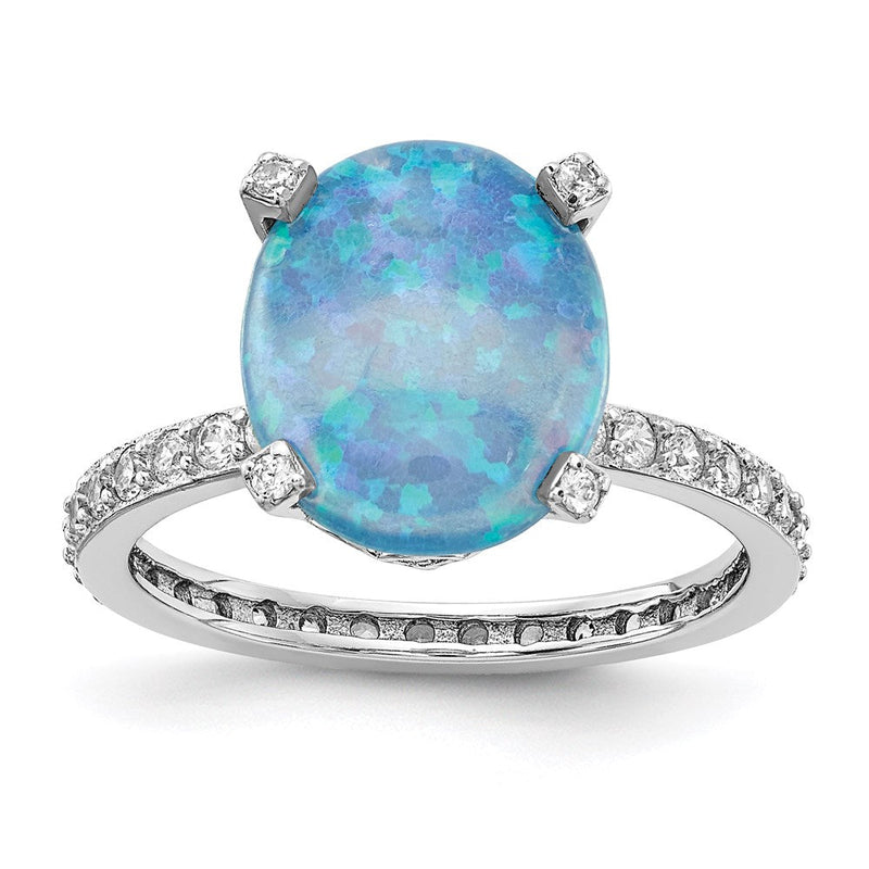 Sterlingsilber Cheryl M Rhodiniert Cabochon Im Labor Erzeugt Blau Opal und Brillant-cut Zirkonia Oval mit Seite Steine Ring
