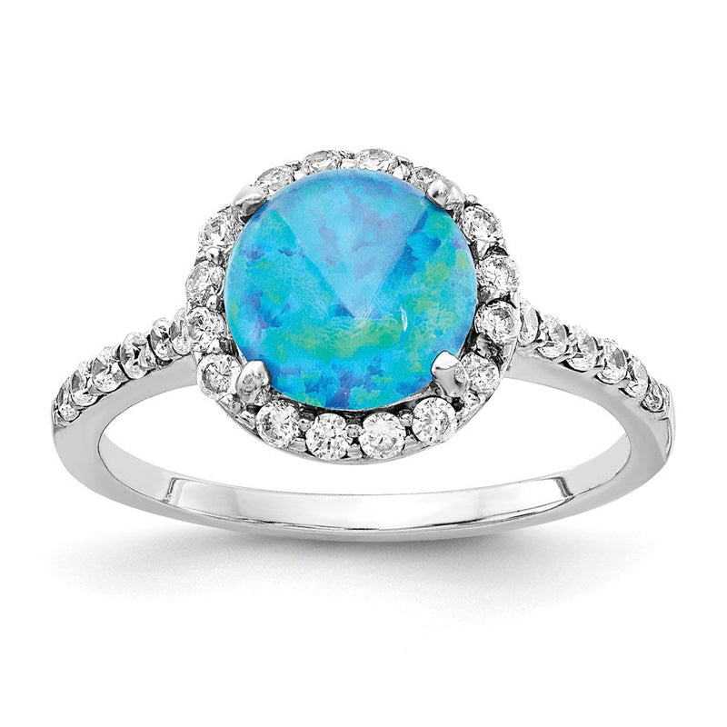 Sterlingsilber Cheryl M Rhodiniert Cabochon Im Labor Erzeugt Blau Opal und Brillant Schliff Zirkonia Heiligenschein mit Seite Steine Ring