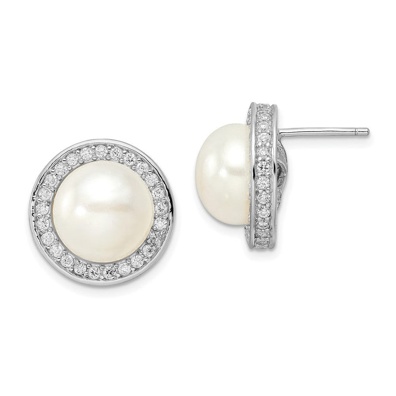 Sterlingsilber Cheryl M Rhodiniert 12mm Knopf Süßwasser Zuchtperle und Brillant-cut Zirkonia Heiligenschein Ohrstecker