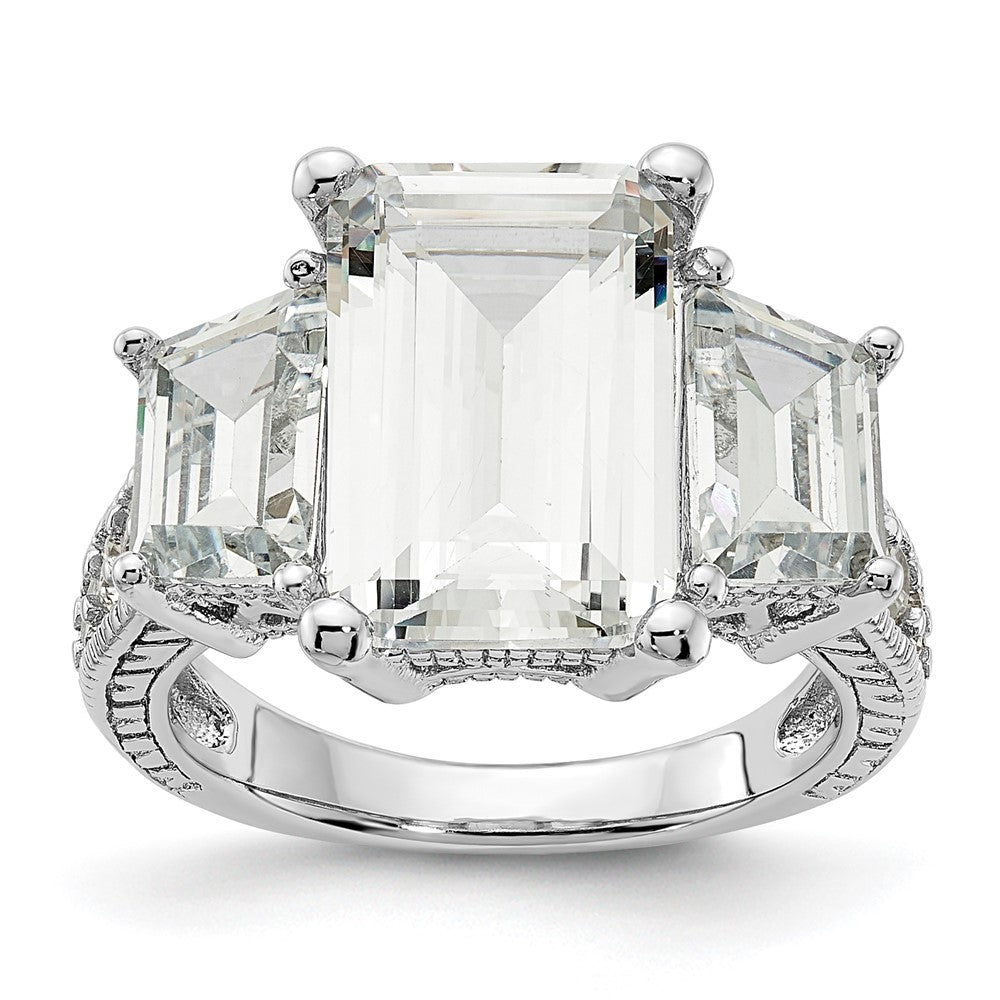 Sterlingsilber Cheryl M Rhodiniert Fantasie Smaragd-cut und Brillant-cut Zirkonia 3 Stein Ring