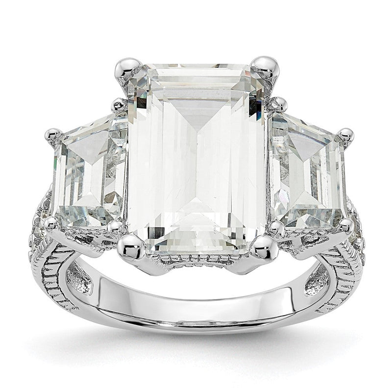 Sterlingsilber Cheryl M Rhodiniert Fantasie Smaragd-cut und Brillant-cut Zirkonia 3 Stein Ring