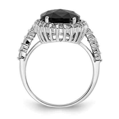 Sterlingsilber Cheryl M Rhodiniert Karo-cut Schwarz Zirkonia und Brillant-cut Weiß Oval Heiligenschein Ring