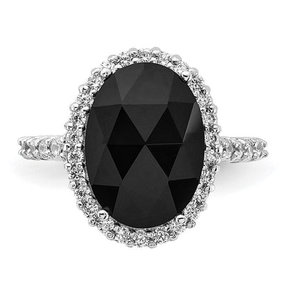 Sterlingsilber Cheryl M Rhodiniert Karo-cut Schwarz Zirkonia und Brillant-cut Weiß Oval Heiligenschein Ring