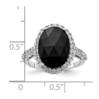 Sterlingsilber Cheryl M Rhodiniert Karo-cut Schwarz Zirkonia und Brillant-cut Weiß Oval Heiligenschein Ring