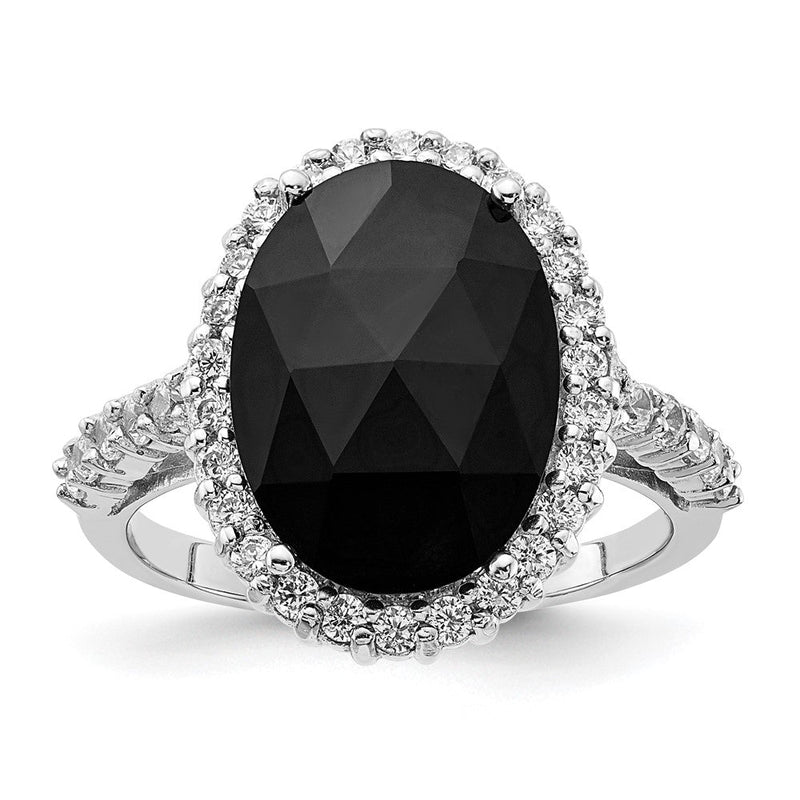 Sterlingsilber Cheryl M Rhodiniert Karo-cut Schwarz Zirkonia und Brillant-cut Weiß Oval Heiligenschein Ring