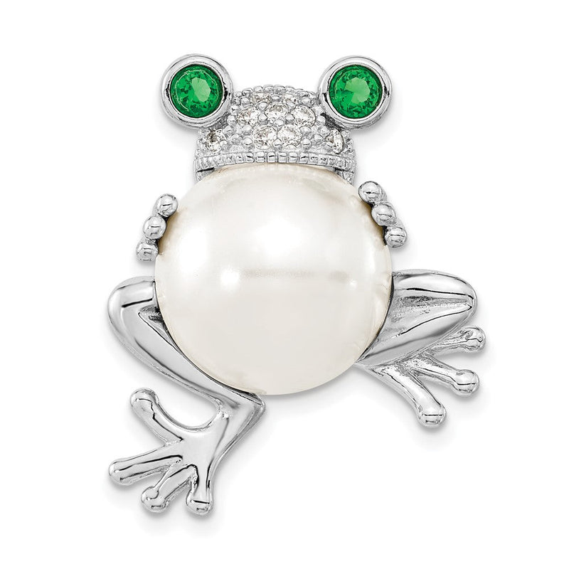 Sterlingsilber Cheryl M Rhodiniert Acrylic Perle und Brillant-cut Grün Weiß Zirkonia Frosch Brosche