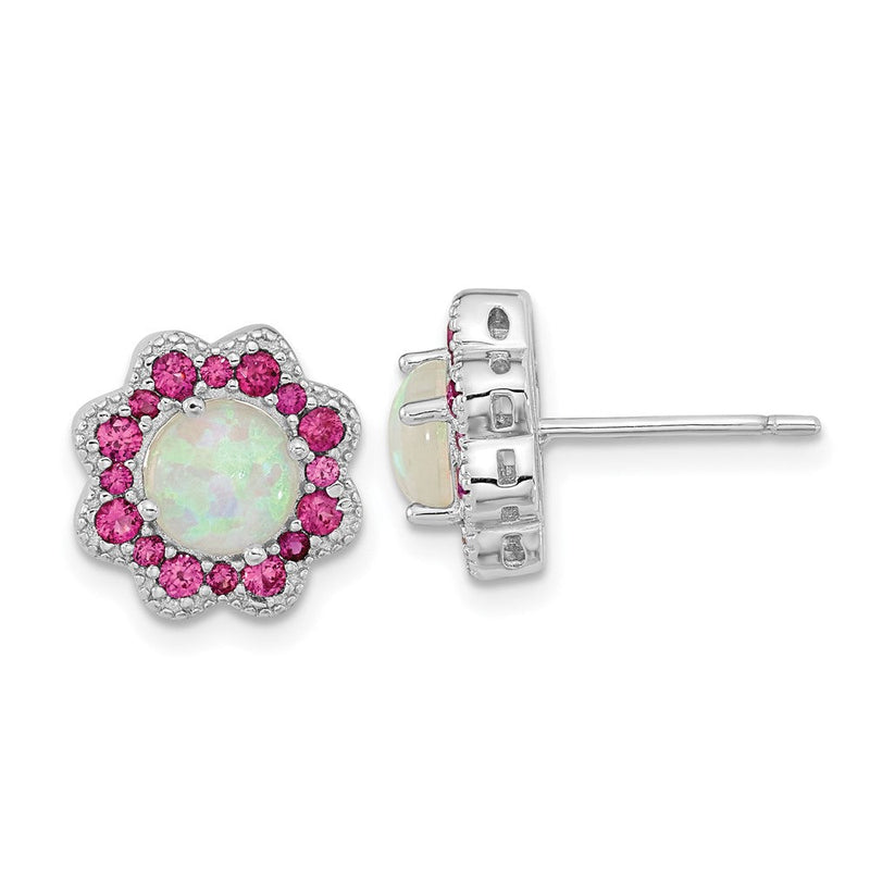 Sterlingsilber Cheryl M Rhodiniert Cabochon Im Labor Erzeugt Opal und Brillant-cut Rot Nano Kristall Blume Ohrstecker